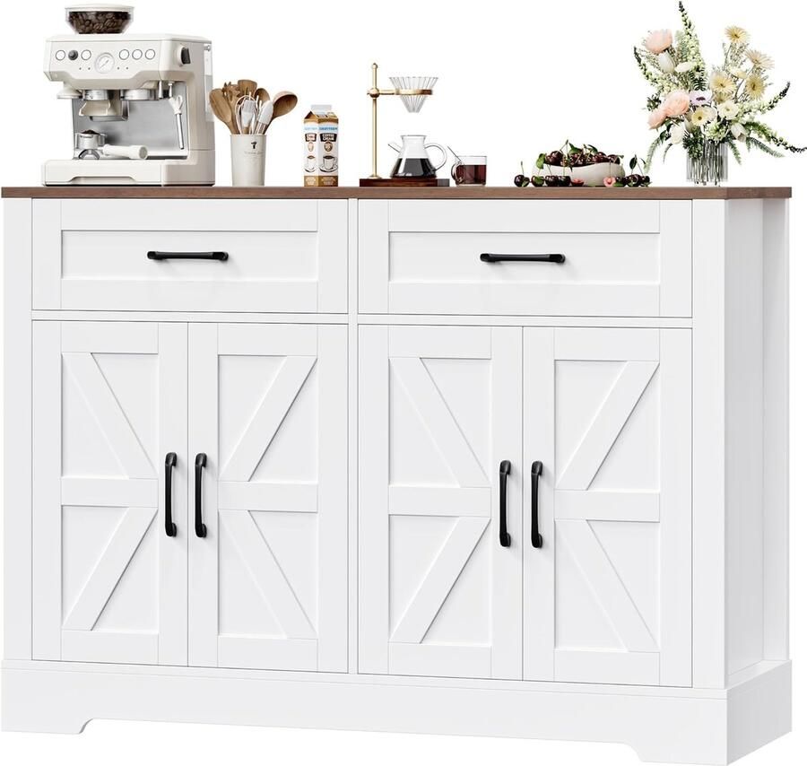 Industrial-Home Industrialhome Luxe Dressoir & Keukenkast – 120 cm Breed – Buffetkast met Aanrechtblad 2 Lades en 4 Deuren – Moderne Opbergkast voor Keuken Woonkamer of Eetkamer – Wit & Houtkleur – Duurzaam en Krasbestendig