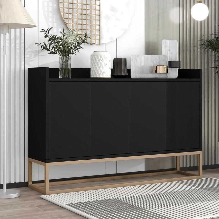 Industrial-Home Industrialhome Luxe Dressoir met 4 Deuren – Moderne Opbergkast met Rebound Systeem Minimalistisch Ontwerp Verstelbare Planken Glazen & Metalen Buffetkast voor Woonkamer Keuken & Eetkamer – 120x30x80 cm – Zwart