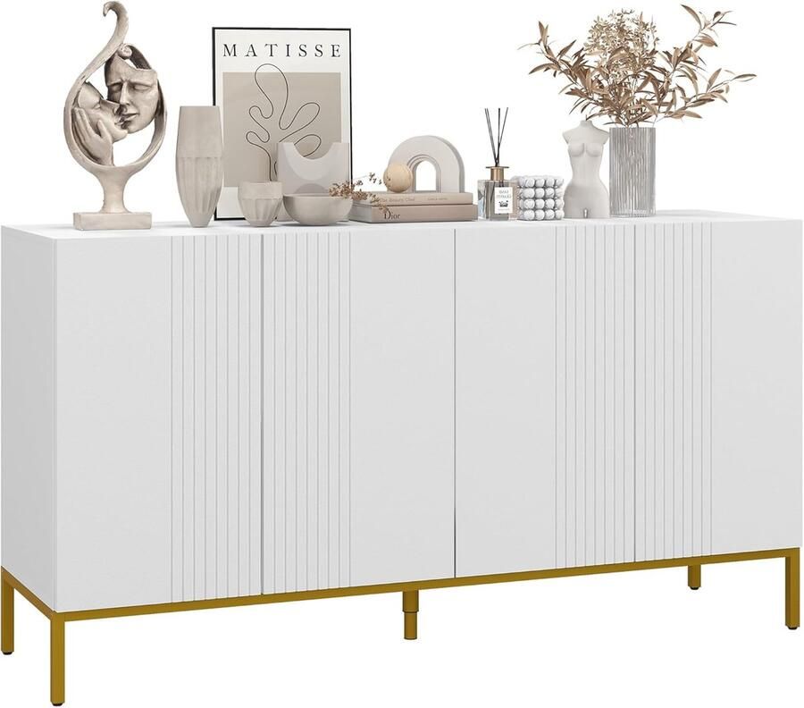 Industrial-Home Industrialhome Luxe Dressoir Modern Design – Witte Opbergkast met Gouden Frame – 140 x 40 x 75 cm – Buffetkast met 4 Deuren en Verstelbare Planken – Elegante Woonkamer- en Keukenkast