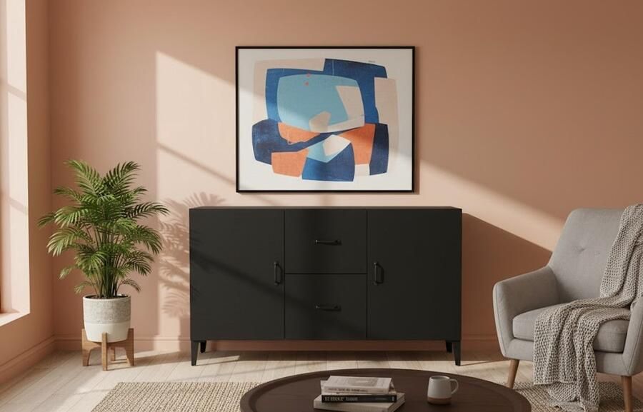 Industrial-Home IndustrialHome Luxe Gesneden Houten Dressoir 100x36x60 cm – Zwarte Houten Opbergkast met 2 Deuren & 2 Laden – Klassiek Sideboard met Decoratief Design – Voor Woonkamer Slaapkamer & Hal – Stijlvol & Duurzaam Meubelstuk