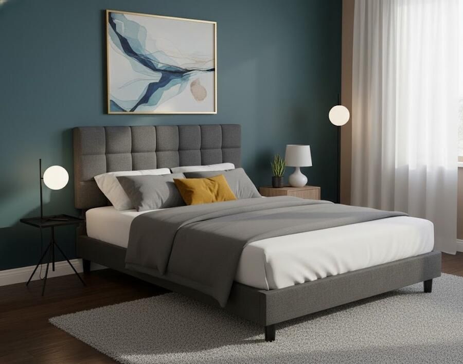 Industrial-Home IndustrialHome Luxe Gestoffeerd Bed 140x200 cm – Verstelbaar Hoofdeinde – Modern Tweepersoonsbed met Stoffen Bekleding Lattenbodem & Metalen Frame – Stijlvol Comfortabel & Stabiel – Donkergrijs