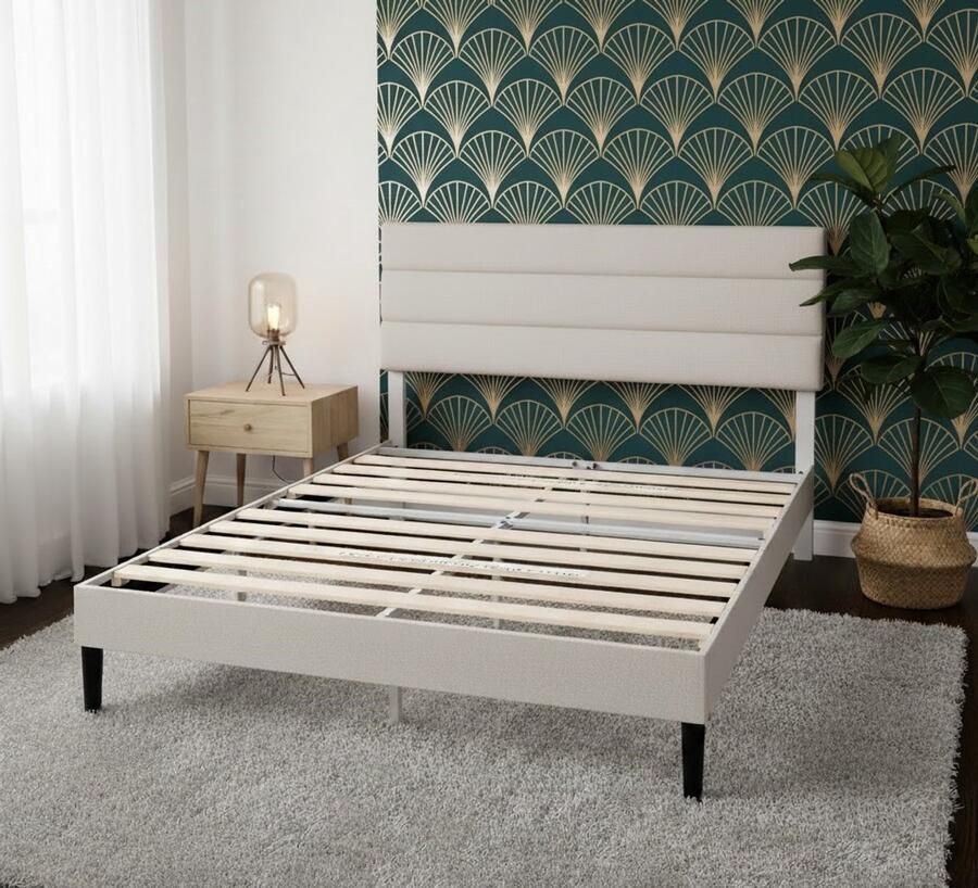 Industrial-Home IndustrialHome Luxe Gestoffeerd Bedframe 140x200 cm – Inclusief Hoofdbord & Lattenbodem – Modern Design – Crème Off-White – Zonder Boxspring Nodig – Stevig Stalen Frame – Comfortabel & Stijlvol – Gemakkelijk te Monteren