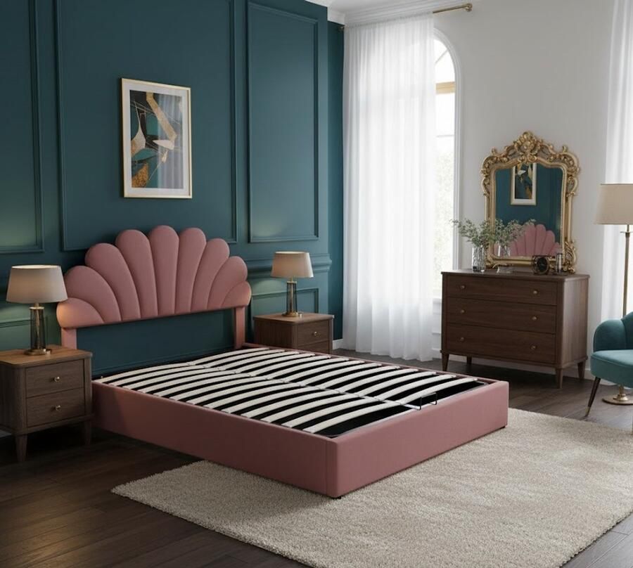 Industrial-Home IndustrialHome Luxe Gestoffeerd Opbergbed 140x200 cm – Modern Fluwelen Tweepersoonsbed met Hydraulische Opbergruimte Verstelbaar Gebloemd Hoofdbord Lattenbodem Roze Fluweel – Stevig Bedframe met Hoog Draagvermogen – Junior & Volwassen Bed