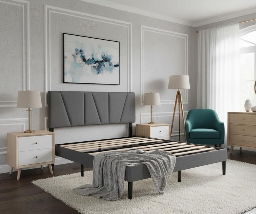 Industrial-Home Industrialhome Luxe Gevoerd Bedframe 140x200 cm – Modern Donkergrijs Gestoffeerd Bed met Hoog Hoofdeinde Robuuste Lattenbodem van Hout Comfortabel & Duurzaam Eenvoudige Montage Geschikt voor Latex- Traagschuim- & Binnenveringsmatrassen