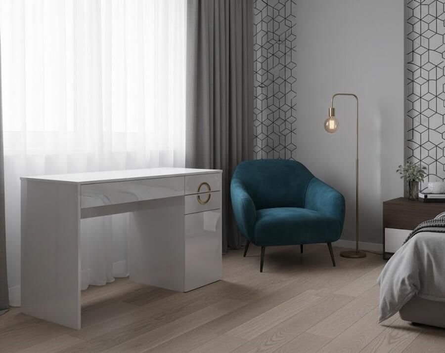 Industrial-Home Industrialhome Luxe Kaptafel “Adela Elegance” – Wit Hoogglans – 115 cm – 3 Lades & Kast – Moderne Make-up Tafel – Ruime Opbergruimte – Eenvoudige Montage – Melamine Coating – Design Kaptafel Zonder Spiegel