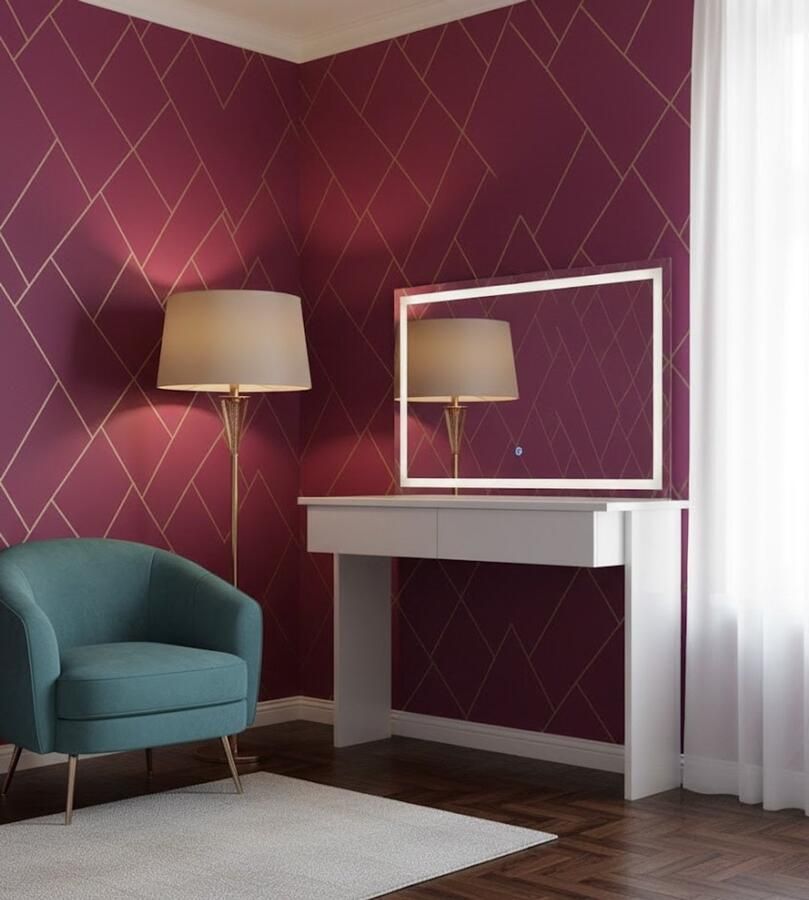 Industrial-Home IndustrialHome Luxe Kaptafel “Azur Glow” – Witte Hoogglans Make-up Tafel met LED Spiegel & 2 Lades – 120 cm Brede Kaptafel met Verlichting – Moderne Visagietafel – Stijlvol Slaapkamermeubel – Houten Make-Up Bureau voor Dames