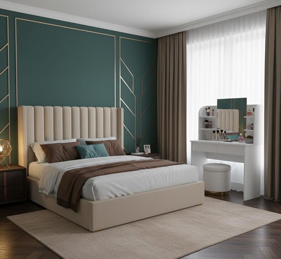 Industrial-Home IndustrialHome Luxe Kaptafel “Charlotte Elegance” – Witte Moderne Make-Up Tafel met Grote Spiegel – 108 cm Brede Kaptafel met 2 Lades & Open Planken – Stijlvolle Slaapkamer Kaptafel – Hoogwaardige Spaanplaat met Melamine Coating – Strak & Elegant Ont