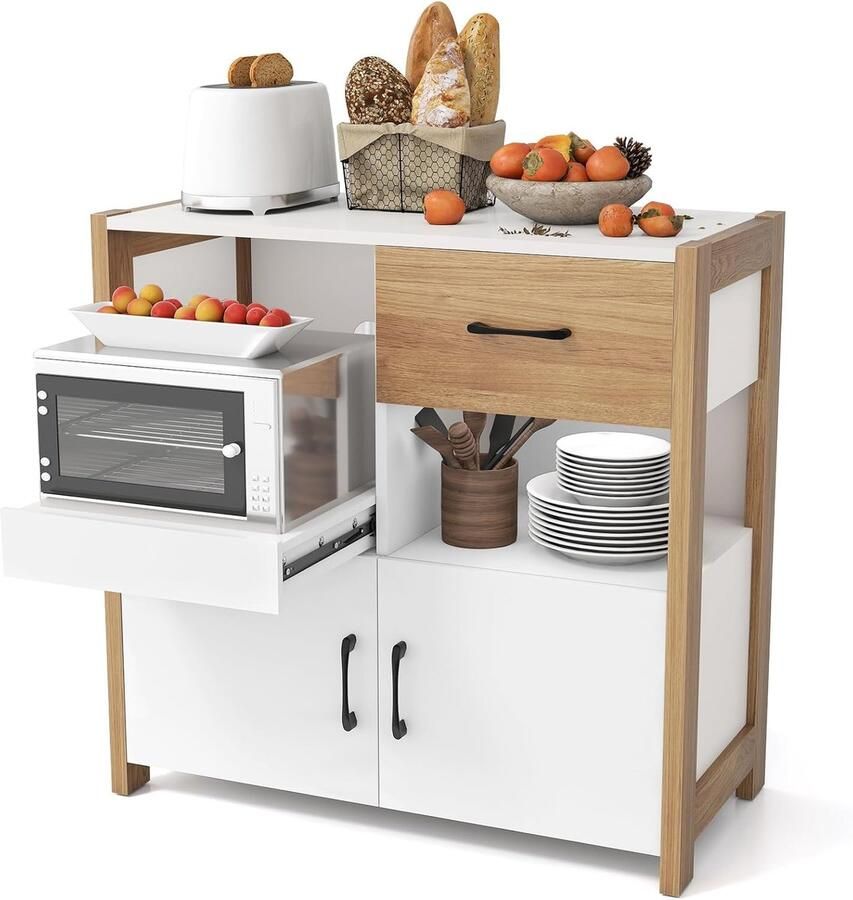 Industrial-Home Industrialhome Luxe Keukenkast – 82 cm Breed – Dressoir & Buffetkast met 2 Deuren en Lade – Moderne Houten Opbergkast voor Woonkamer Keuken & Eetkamer – Freestanding Ladekast – Wit & Naturel – 82x40x81 cm