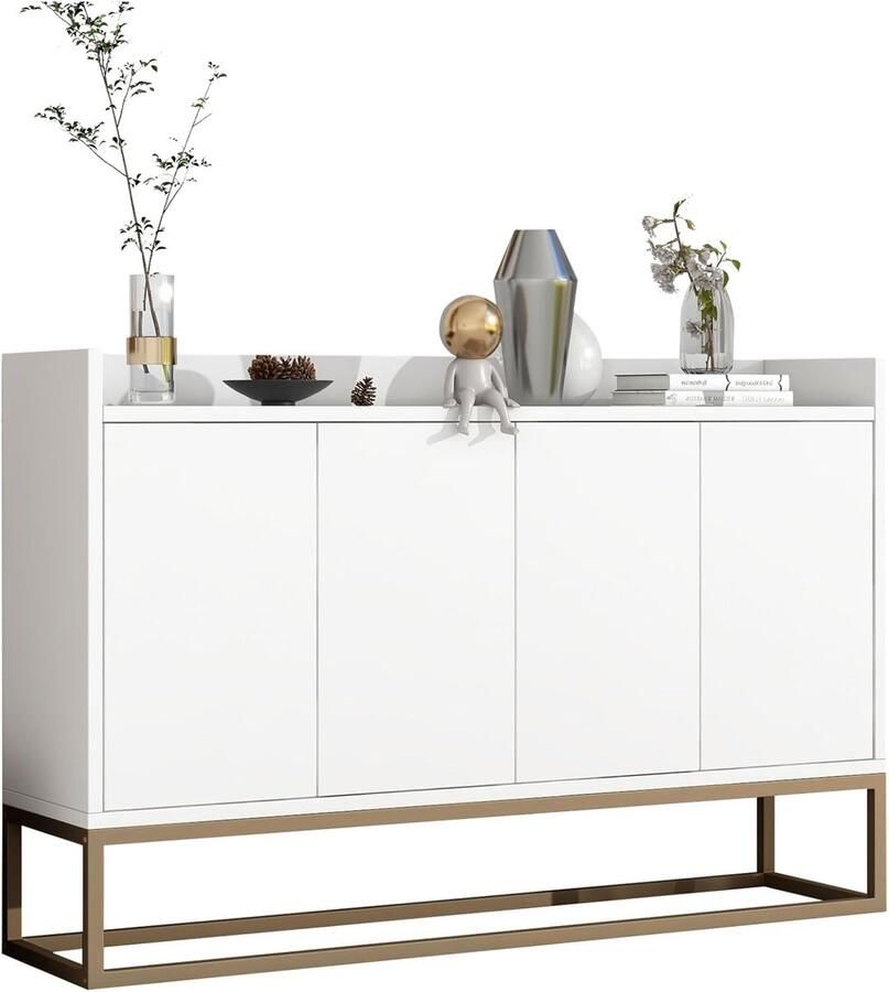Industrial-Home Industrialhome Luxe Modern Dressoir 120 cm – 4-Deurs Kast met Verstelbare Planken & Metalen Poten – Witte Opbergkast voor Woonkamer Keuken & Eetkamer – Strakke Minimalistische Ladekast Design