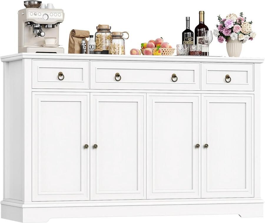 Industrial-Home Industrialhome Luxe Witte Dressoir Buffetkast met Werkblad – 134x87x40 cm – Keukenkast met 3 Lades en 4 Deuren – Opbergkast met Verstelbare Planken – Klassieke Buffetkast voor Woonkamer Eetkamer en Keuken – Massief Design Vintage Handgrepen