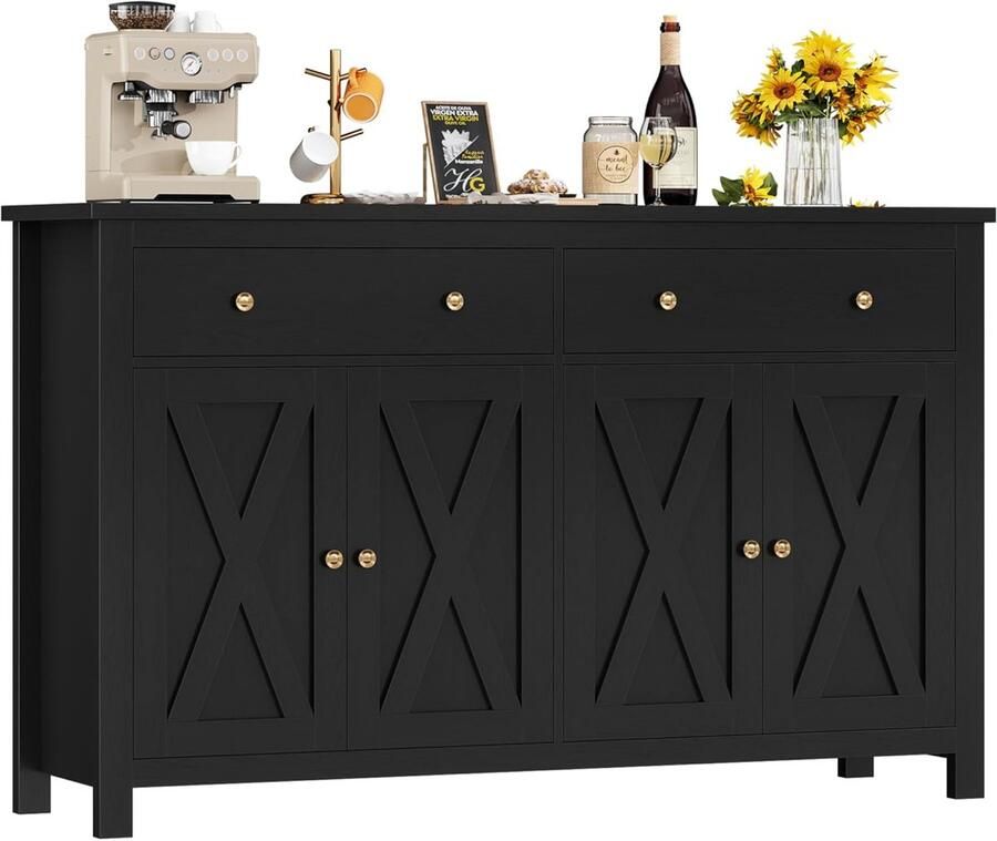 Industrial-Home IndustrialHome Luxe Zwarte Keukenkast – 140 cm Dressoir met 4 Deuren & 2 Lades – Moderne Opbergkast met Verstelbare Planken – Grote Buffetkast voor Keuken Woonkamer & Eetkamer – Hout & Metaal – 140x40x89 cm