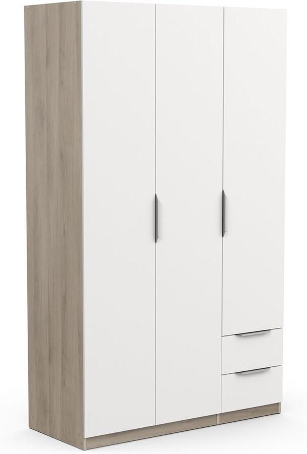 Industrial-Home Industrialhome Modern Oak & White 3-Door Wardrobe – Large Bedroom Closet with 2 Drawers 4 Shelves & Hanging Rail – Kronberg Oak & Matt White Finish – Stylish Storage Cabinet for Clothes 119.5x51x203 cm
