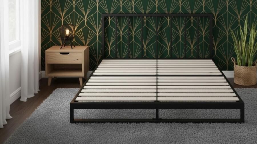 Industrial-Home IndustrialHome Nova Luxe Bedframe 140x200 cm – Minimalistisch Platformbed met Sterk Metalen Frame & Geluidsvrije Houten Lattenbodem – Laagprofiel van 18 cm – Duurzaam Stijlvol & Eenvoudig te Monteren – Zwart