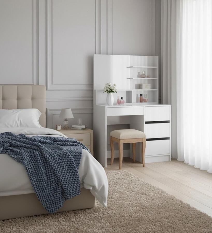 Industrial-Home IndustrialHome Sherry Luxe Kaptafel met Spiegel – Hoogglans Wit Make-uptafel met 4 Lades en Opbergrek – Moderne Dressoir Kaptafel 90 cm – Stijlvolle Make-up Tafel voor Slaapkamer of Dressing