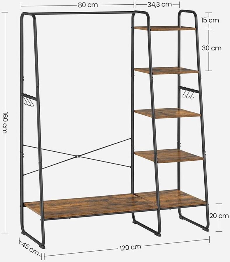 Industrial-Home Industrieel kledingrek – 5 Lagen – 220 kg draagkracht – Modulair & Industrieel Ontwerp voor Maximale Opbergruimte 45 x 120 x 160 cm (Diepte x Breedte x Hoogte) industriele kledingrek