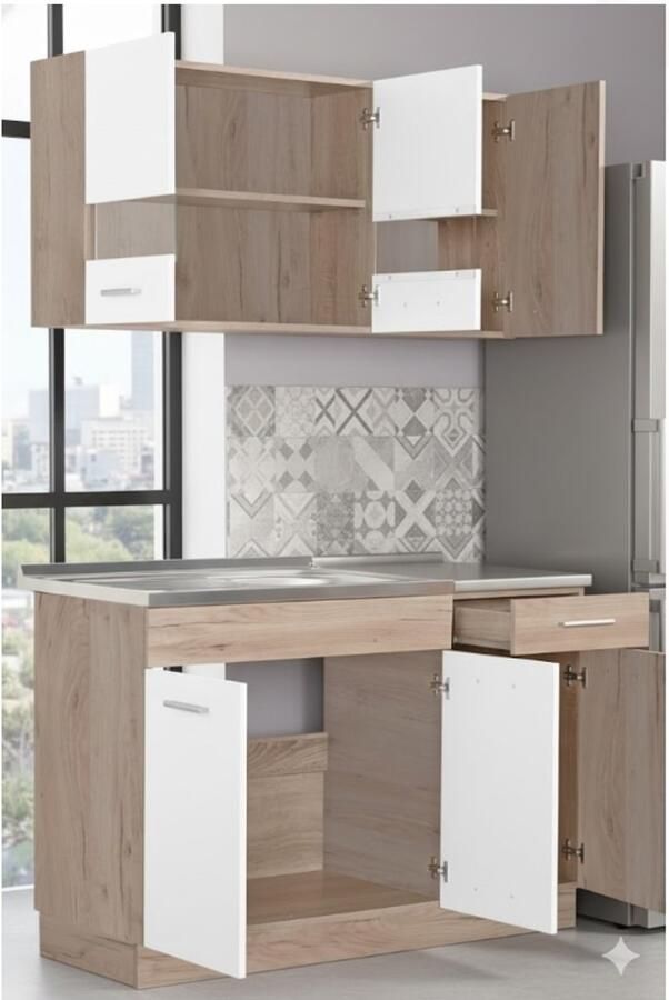 Industrial-Home Keukenblok 120 cm – Complete Keukenkast met Werkblad – Wit & Eikenhout Sonoma – Moderne Inbouwkeuken – Compacte Mini Keuken voor Kleine Ruimtes – Wandmontage – Opbergkast met Laden & Glazen Deuren