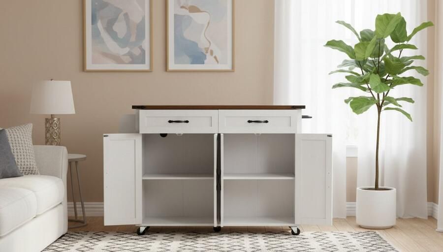 Industrial-Home Keukeneiland met Uitschuifbaar Werkblad – Keukentrolley op Wieltjes met 2 Deuren & 2 Laden – Groot Dressoir Keuken met Verstelbare Legplanken Handdoekhouder & Zijrek – 140x45 73x93 cm – Wit – Robuust MDF & Metaal