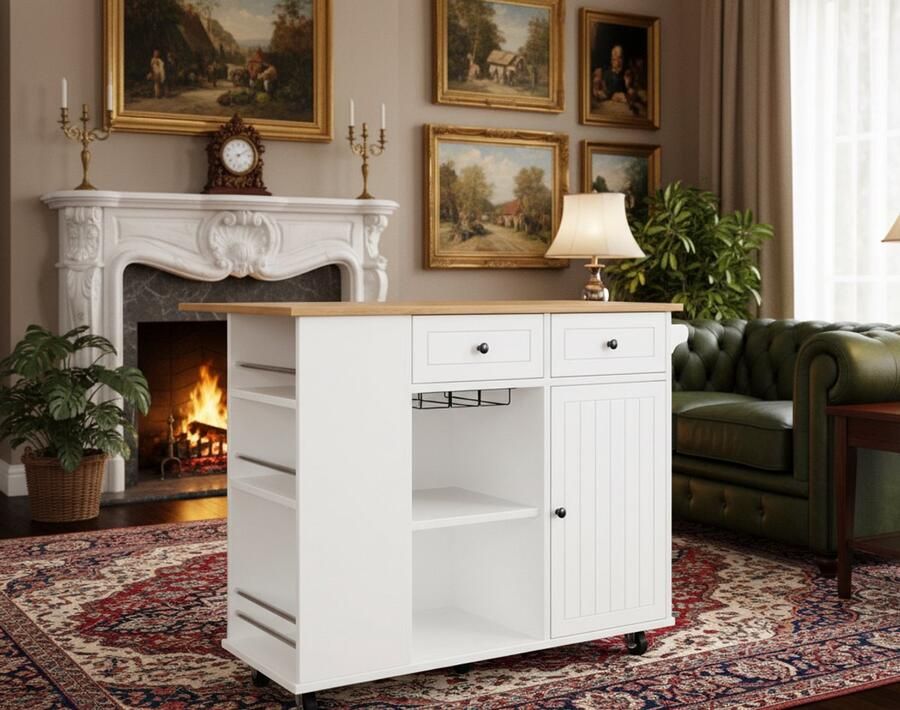 Industrial-Home Keukeneiland op Wielen – Wit Hout & Metaal – Opvouwbare Keukenwagen met Werkblad Wijnglasrek Snackhouder & Opbergruimte – 120x42x91 5 cm – Moderne Buffetkast Eiland Trolley