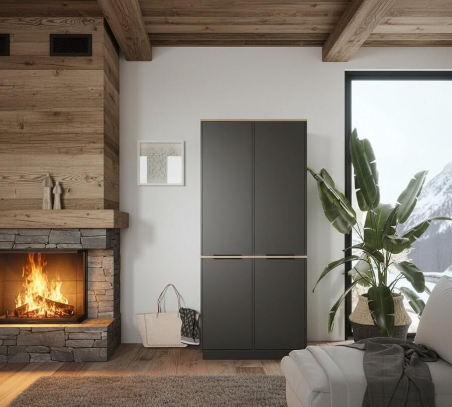 Industrial-Home Kledingkast met Vleugeldeuren “Betti Deluxe” – Antraciet Eiken – 82 x 179 cm – 4 Deuren – Grote Garderobekast – Moderne Opbergkast – Slaapkamer Kast met 14 Planken – Houtlook Kast – Tijdloos Design