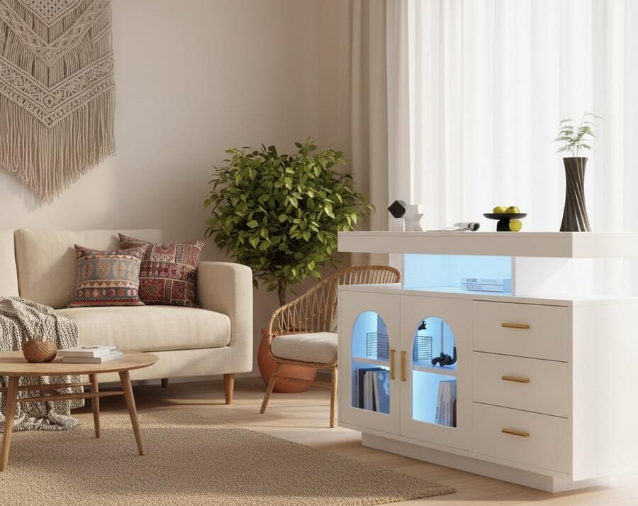 Industrial-Home LED Dressoir Buffetkast 120 cm – Hoogglans Witte Koffiebar Kast met 16 Kleuren Verlichting – Moderne Keukenkast met 3 Laden & Opbergplanken – Dressoir Woonkamer & Eetkamer Opbergkast – Stijlvolle Buffetkast met LED Verlichting