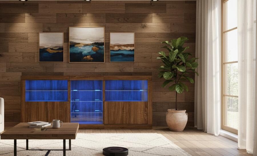 Industrial-Home Luxe Dressoir met LED-verlichting – 181 5x37x67 cm – Bruineikenkleurig – Moderne Opbergkast met RGB Licht – Woonkamerkast Gangkast Buffetkast Keukenkast – Stijlvol Meubel voor Opslag & Decoratie