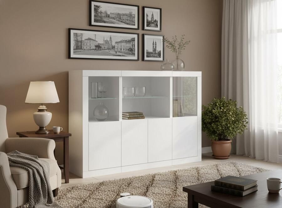 Industrial-Home Luxe dressoirset met ledverlichting – 3-delige buffetkast – Witte hoogglans opbergkast – Modern dressoir voor woonkamer keuken en hal – Hout en glas – 142 5 cm