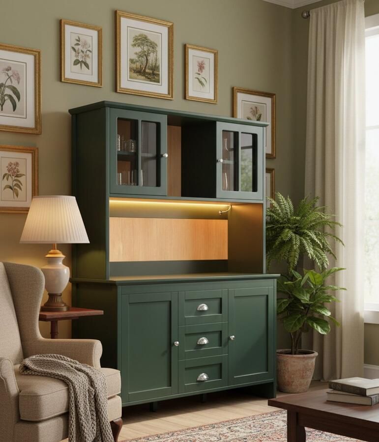 Industrial-Home Luxe groene keukenkast met ledverlichting – Dressoir 120x40x179 cm – Hoge kast met bruine glazen deuren verstelbare planken en lades – Modern retro dressoir voor keuken woonkamer of eetkamer