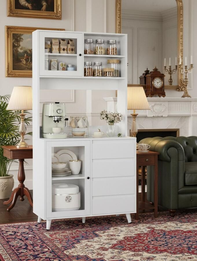 Industrial-Home Luxe Keukenkast 180 cm – Moderne Buffetkast met Glazen Deuren Werkblad & 4 Lades – Witte Vitrinekast Hoge Kast – MDF Hout – Voor Keuken Eetkamer & Woonkamer – 80 x 40 x 180 cm