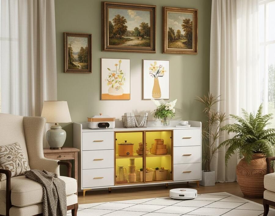 Industrial-Home luxe keukenkast dressoir met 6 lades en glazen deuren – LED-verlichting met afstandsbediening – Wit met gouden handgrepen – Dressoir met opbergruimte – 160×44×87 cm – Modern dressoir voor woonkamer slaapkamer of eetkamer