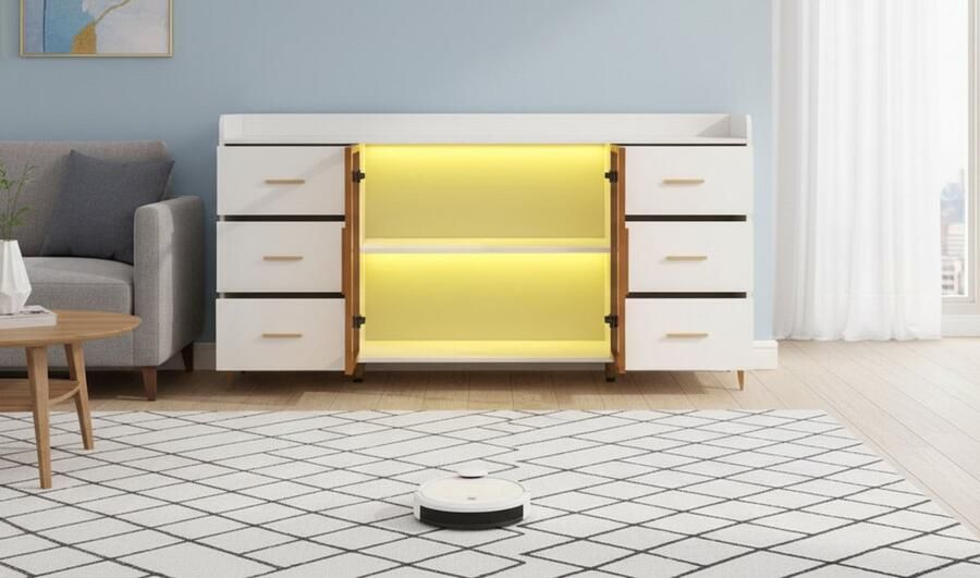 Industrial-Home luxe keukenkast dressoir met 6 lades en glazen deuren – LED-verlichting met afstandsbediening – Dressoir met opbergruimte – Wit met gouden handgrepen – Modern dressoir 160×44×87 cm voor keuken woonkamer of eetkamer