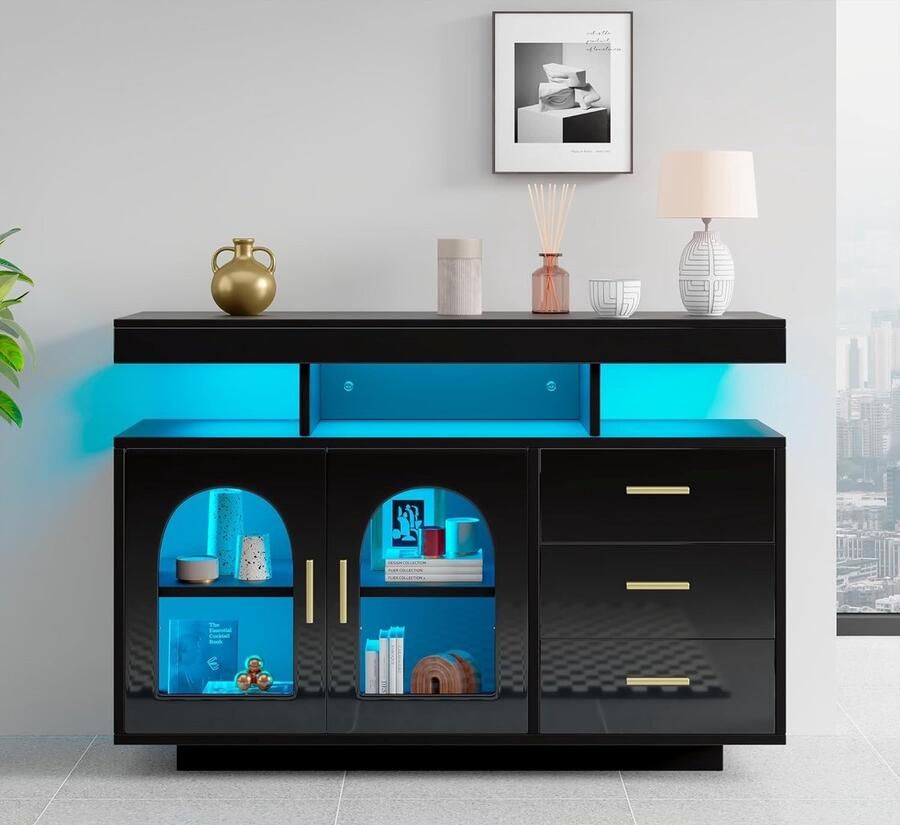 Industrial-Home Luxe LED Dressoir Buffetkast 120 cm – Zwart Hoogglans Koffiekast met 16 Kleuren Verlichting en Afstandsbediening – Moderne Ladekast met 3 Lades en Deuren – Woonkamer Eetkamer Keukenmeubel