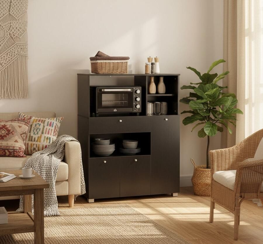 Industrial-Home Luxe Magnetronkast – Keukenkast met Lade en Opbergruimte – Dressoir met 2 Deuren 4 Open Vakken & Schuiflade – Zwarte Houten Kast – Moderne Buffetkast – 90x40x120 cm – Voor Keuken Eetkamer of Woonkamer