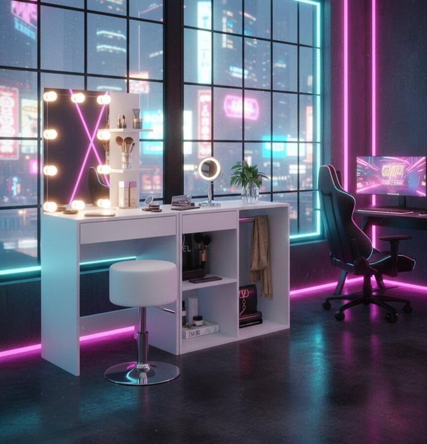 Industrial-Home Luxe Make-up Tafel Isabelle – 140 cm Modern Make-up Meubel met Spiegel LED-verlichting Kruk en Opbergkast – Wit IndustrialHome