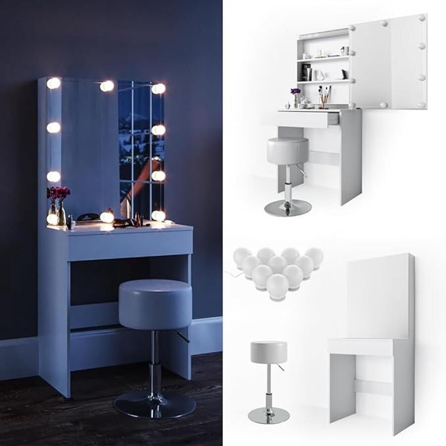 Industrial-Home Luxe Make-Up Tafelset “Melle Deluxe” – Wit – 68 cm – Met LED-Verlichting Grote Spiegel Opbergvakken & Comfortabele Kruk – Moderne Kaptafel voor Slaapkamer & Dressing IndustrialHome