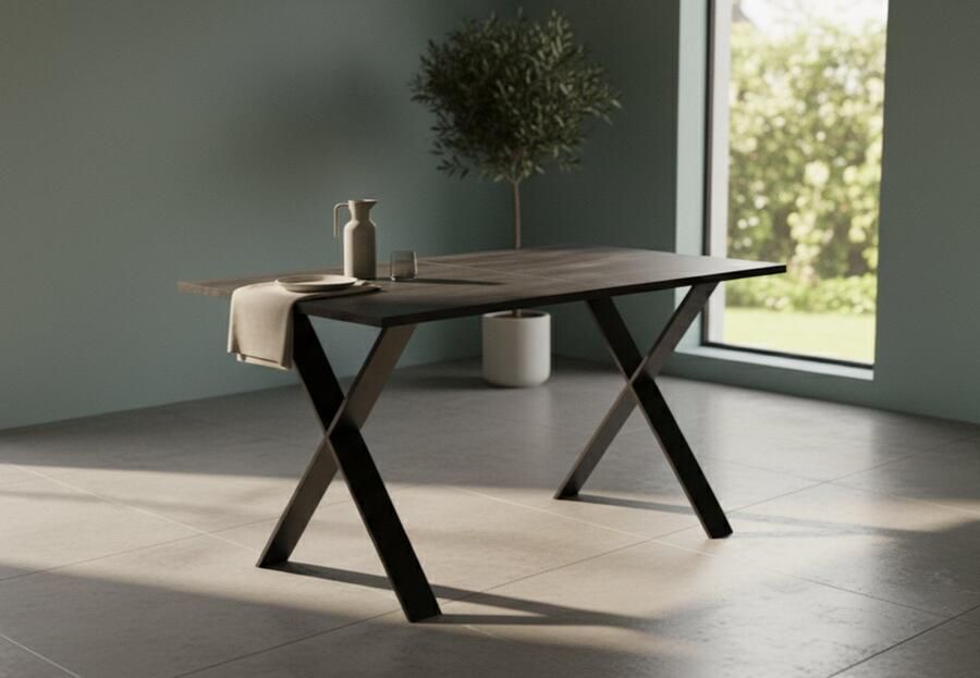 Industrial-Home Luxe Uitschuifbare Eettafel Betonlook – Moderne Industriële Design Tafel voor 6-8 Personen – Houten Tafelblad met Veneer – Stabiel Zwart Frame – 130-210x80x75 cm