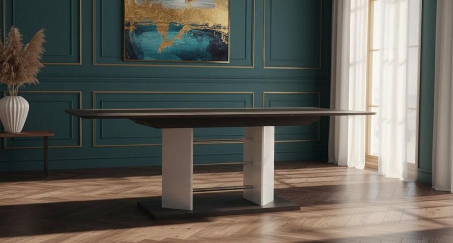 Industrial-Home Luxe Uitschuifbare Eettafel – Betonlook Tafelblad – Rechthoekig 130-210 cm – 8 Personen – Moderne Industriële Eettafel met Zwart Onderstel