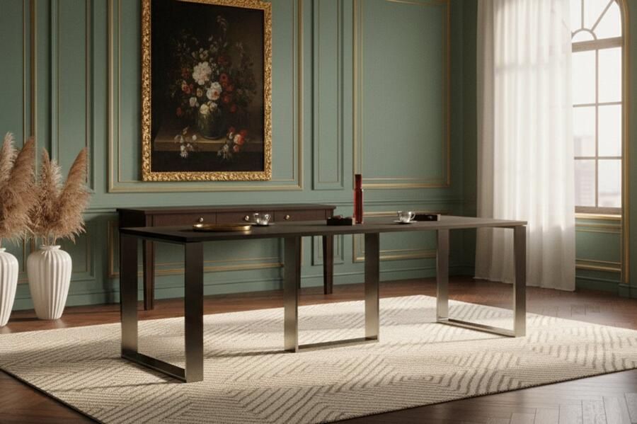 Industrial-Home Luxe Uitschuifbare Eettafel – Betonlook Tafelblad – Zwart Onderstel – Robuuste Design Eettafel – Tot 12 Personen – 130-330 x 80 x 76 cm – Moderne Industriële Stijl