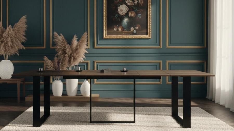 Industrial-Home Luxe Uitschuifbare Eettafel Donker Eiken – Moderne Industriële Tafel voor 6-12 Personen – Robuust Houten Blad met Zwart Frame – 130-330 x 80 x 76 cm – Makkelijk Uitbreidbaar en Onderhoudsvriendelijk