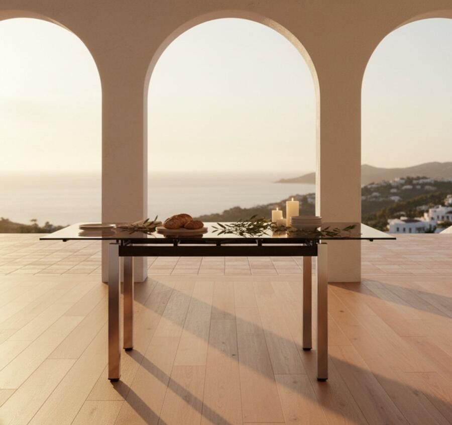 Industrial-Home Luxe Uitschuifbare Eettafel – Glas & Staal – Modern Design – Transparant & Zwart – 96-142 x 70 x 75 cm – 4 Personen – Industriële Eettafel