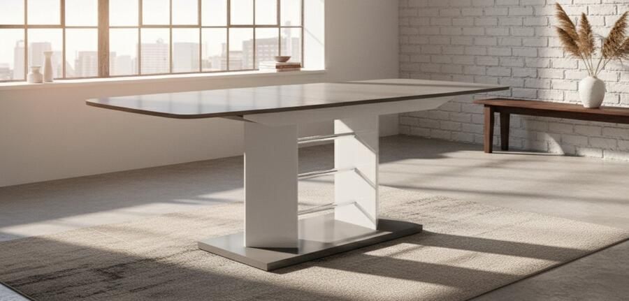 Industrial-Home Luxe Uitschuifbare Eettafel – Hoogglans Grijs & Wit – Rechthoekig – 160-256 cm – 10 Personen – Moderne Design Tafel voor Woonkamer & Keuken