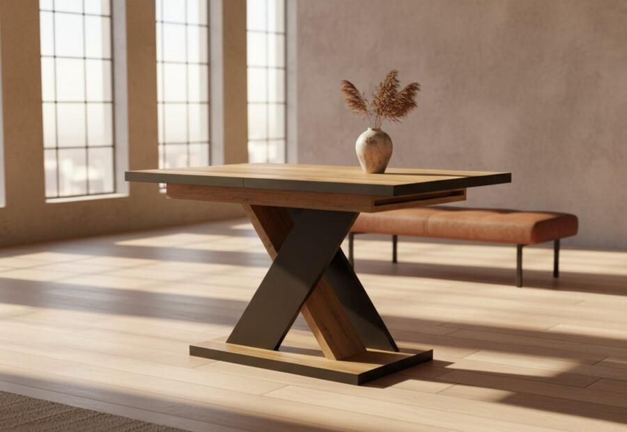 Industrial-Home Luxe Uitschuifbare Eettafel – Massief Houten Tafel met Houtfineer – Robuust Zwart Onderstel – Natuurlijke Eiken Look – 8 Personen – 139-209 x 85 x 76 cm – Industriële Design Tafel