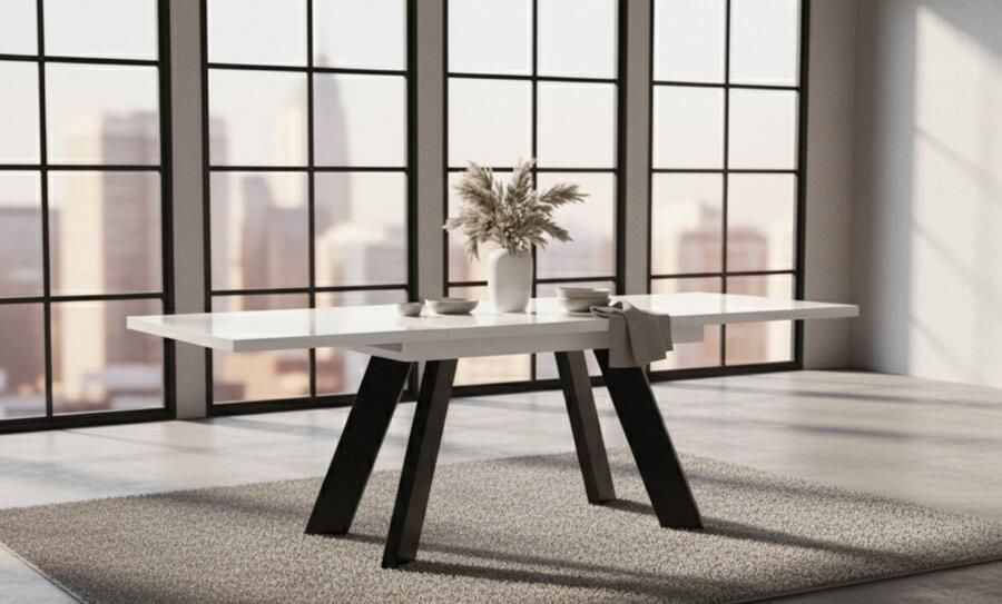 Industrial-Home Luxe Uitschuifbare Eettafel – Rechthoekig – 130-210 cm – Wit Tafelblad met Zwart Onderstel – Geschikt voor 8 Personen – Moderne Design Eettafel