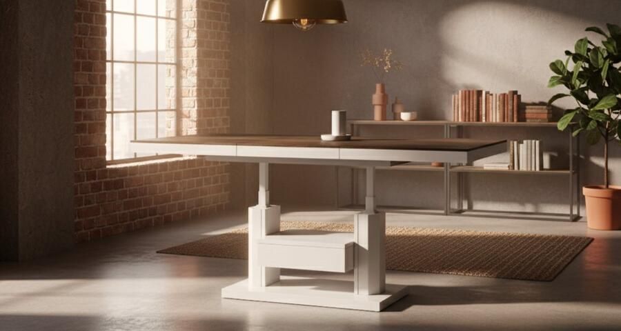 Industrial-Home Luxe Uitschuifbare Salontafel tot Eettafel – Multifunctionele Inklapbare Tafel – Houtfineer & Hoogglans Wit Frame – Verstelbare Hoogte 56-76 cm – 120-170 x 75 cm – Moderne Industriële Stijl