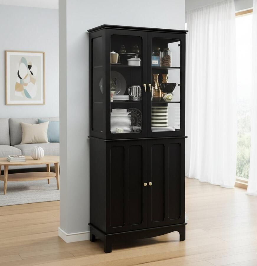 Industrial-Home Luxe Vrijstaande Keukenkast met Glazen Deuren – Zwarte Hoge Vitrinekast met 4 Deuren & Verstelbare Planken – Klassieke Opbergkast voor Keuken Woonkamer & Eetkamer – 183 cm Hoog – Duurzaam MDF Design