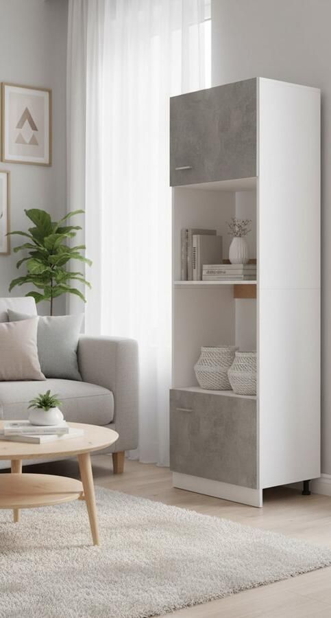 Industrial-Home Magnetronkast Keukenkast Opbergkast – Hoge Keuken Opslagkast met Deuren en Planken – Modern Keukenmeubel in Betongrijs – Spaanplaat – 60x57x207 cm – Duurzame Vloermontage Kast voor Oven Magnetron & Accessoires