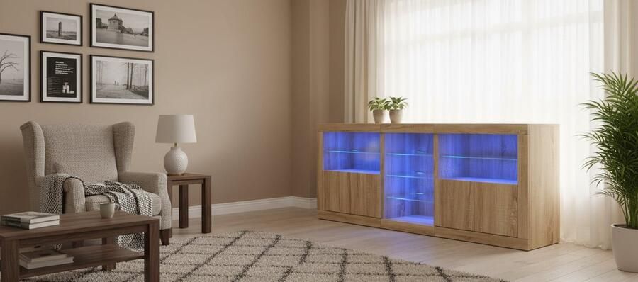 Industrial-Home Modern dressoir met ledverlichting – 162x37x67 cm – Sonoma eikenhouten opbergkast met glazen elementen – Woonkamerkast dressoir keukenkast – Stijlvol dressoir met deuren en verlichting