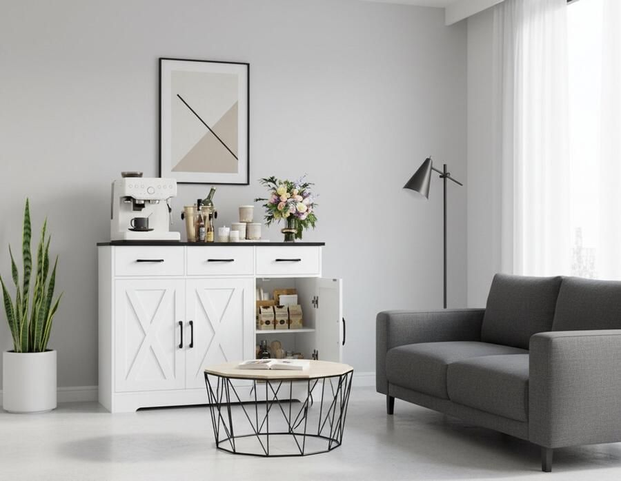 Industrial-Home modern multifunctioneel dressoir met 3 lades en 3 deuren – 100 5 x 39 5 x 105 cm – Duurzame witte en zwarte keukenkast met verstelbare planken en kantelbeveiliging – Opbergkast voor keuken woonkamer en hal