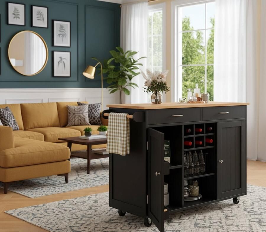 Industrial-Home modern multifunctioneel keukeneiland met opbergruimte 102 x 45 x 92 cm Mobiele eetwagen en dressoir met houtnerf MDF tafelblad Zwart Keukenkast en dressoir voor thuisgebruik