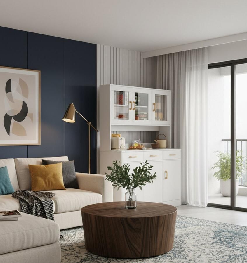 Industrial-Home Multifunctionele Hoge Keukenkast 170 cm – Voorraadkast en Buffetkast met Laden en Glazen Deuren – Vrijstaande Opbergkast van MDF in Warmwit – Moderne Vitrinekast met Verstelbare Planken – Ideaal voor Keuken Woonkamer Eetkamer Badka