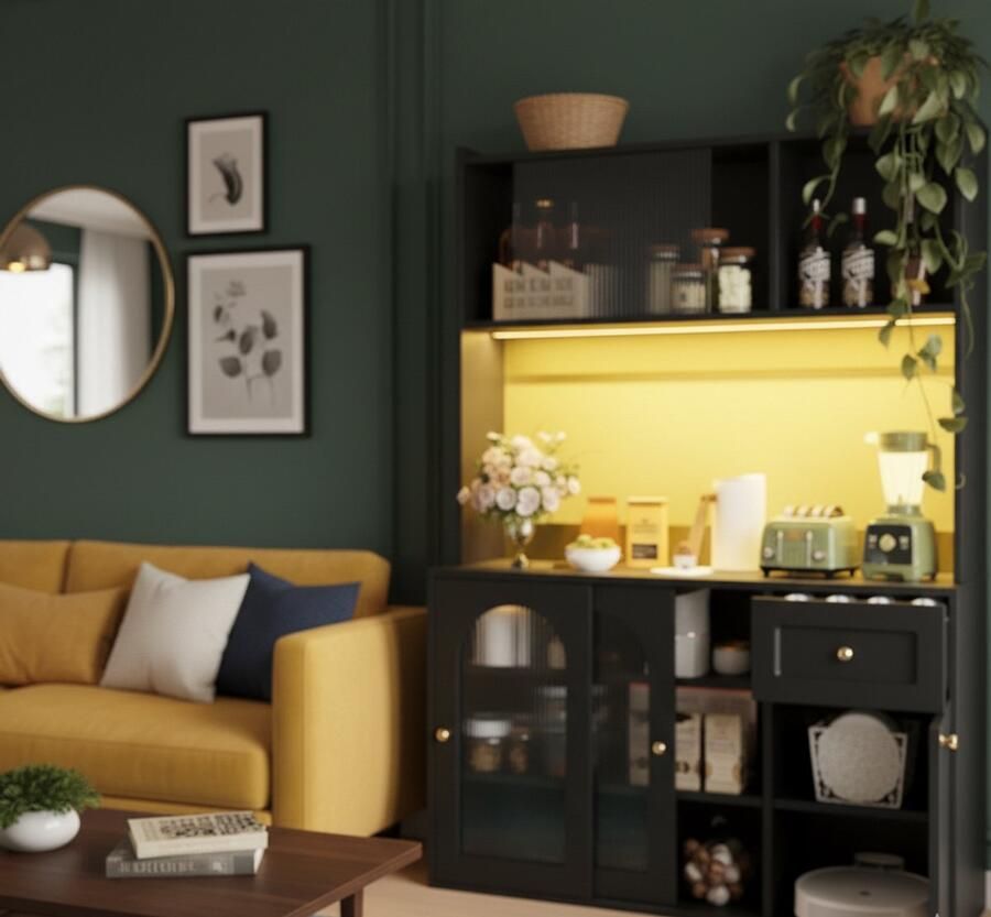 Industrial-Home multifunctionele hoge keukenkast met ledverlichting Zwarte vitrinekast en dressoir met verstelbare planken Opbergkast en dressoir voor eetkamer woonkamer en keuken Veilig en stijlvol